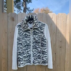 Lisa International‎ Cream Spots Faux Fur Suede Sweater Jacket Sz small zebra